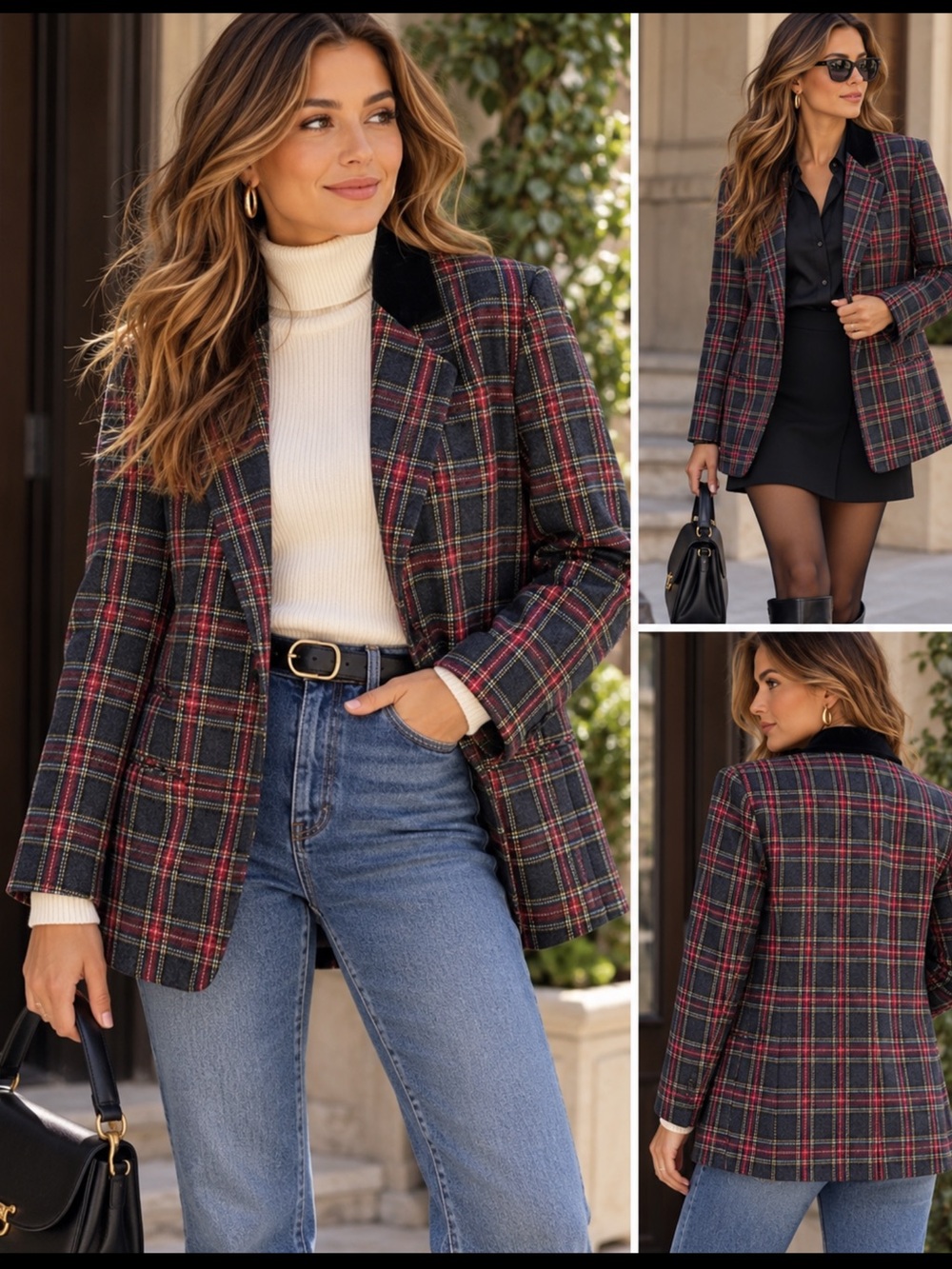 Vintage Sag Harbor Plaid Wool Blazer Size 12 Tartan Velvet Collar Preppy